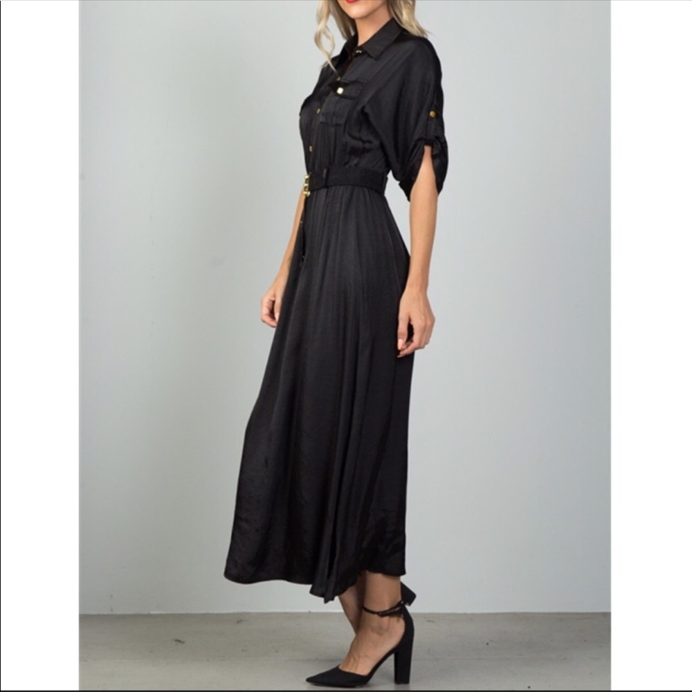 CCO REDUCTION Black Satin Belt Maxi Dress Large - Picture 2 of 4